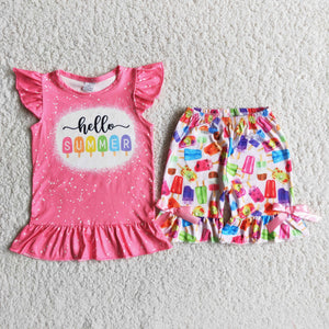 D10-11 girl pink hello summer  flutter sleeve summer set-promotion $5.5 2024.4.13