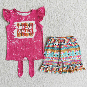 D8-26 girl hot pink morgan wallen flutter sleeve summer set-promotion $5.5 2024.4.13