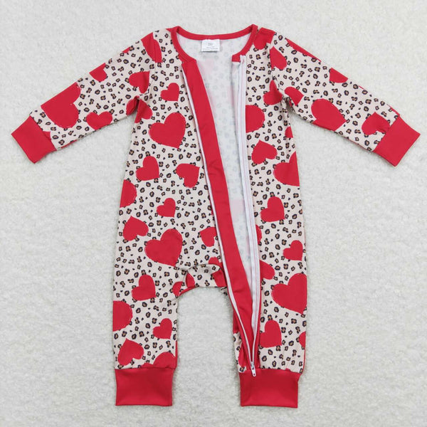 LR0775 baby clothes red heart leopard baby valentines day bubble
