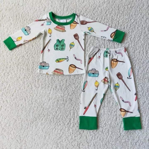 boy fishing green winter pajamas